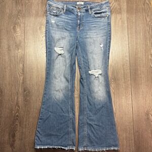 Edgely Flare Jeans Womens 14W Mid Rise Distressed Medium Wash Frayed Hem Denim